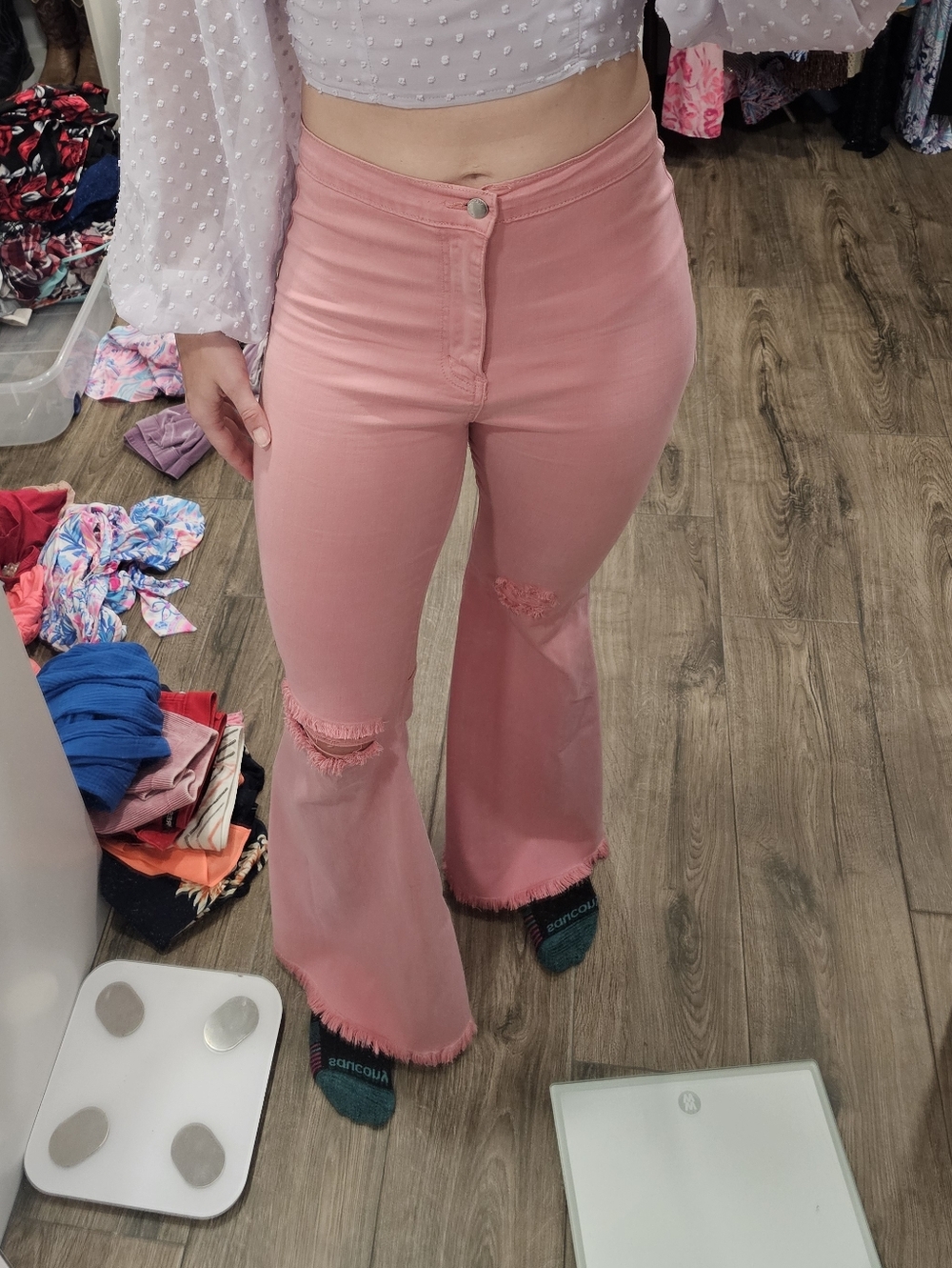 Vibrant Rose-Pink Flared Distressed Jeans